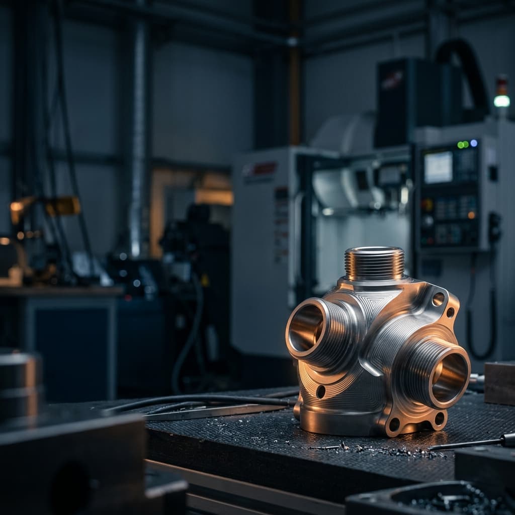 A precision-machined aerospace component on a CNC machine in a workshop